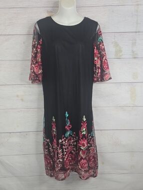 SHEIN Black Midi Dress with Pink & Teal Floral Embroidery